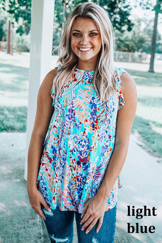 Bright Floral Print Ruffled Sleeve Top