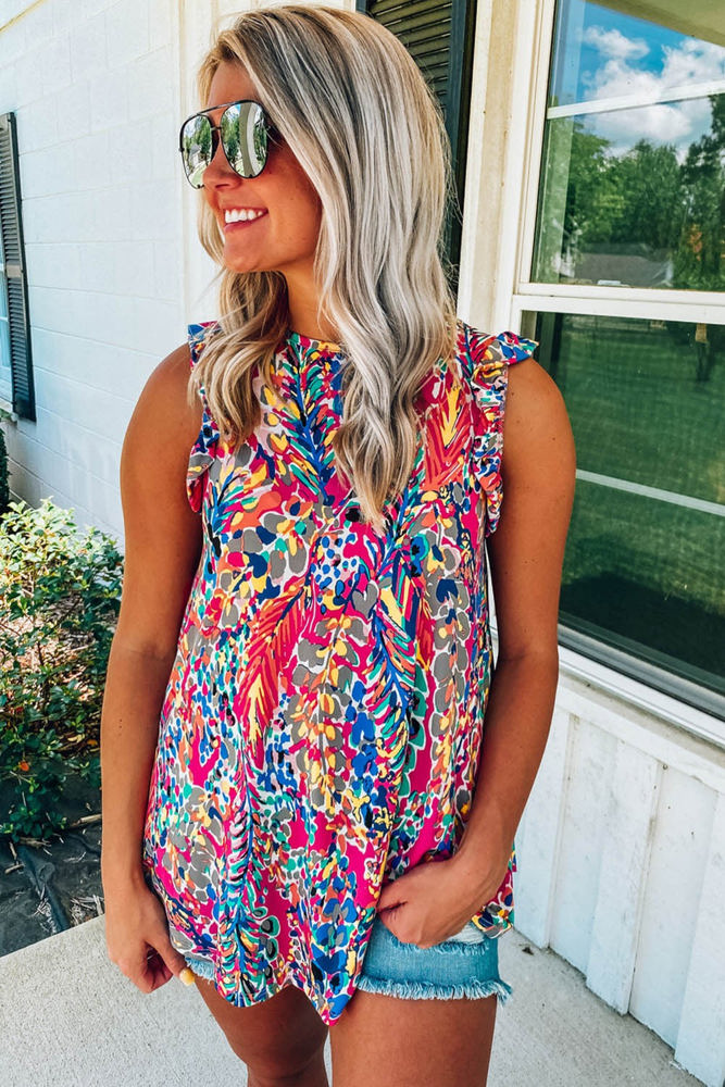 Bright Floral Print Ruffled Sleeve Top