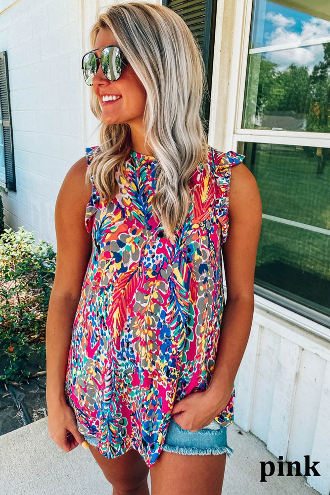 Bright Floral Print Ruffled Sleeve Top