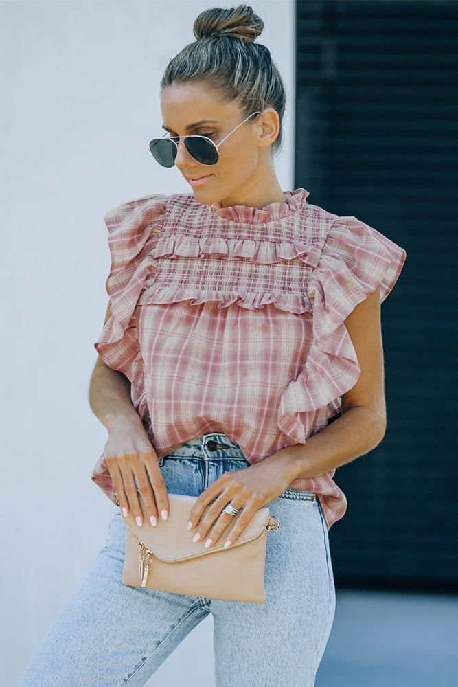 Pink Ruffled Plaid Cotton Top