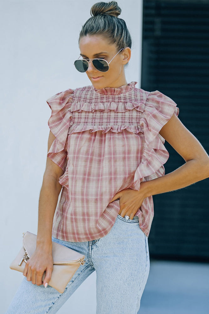 Pink Ruffled Plaid Cotton Top