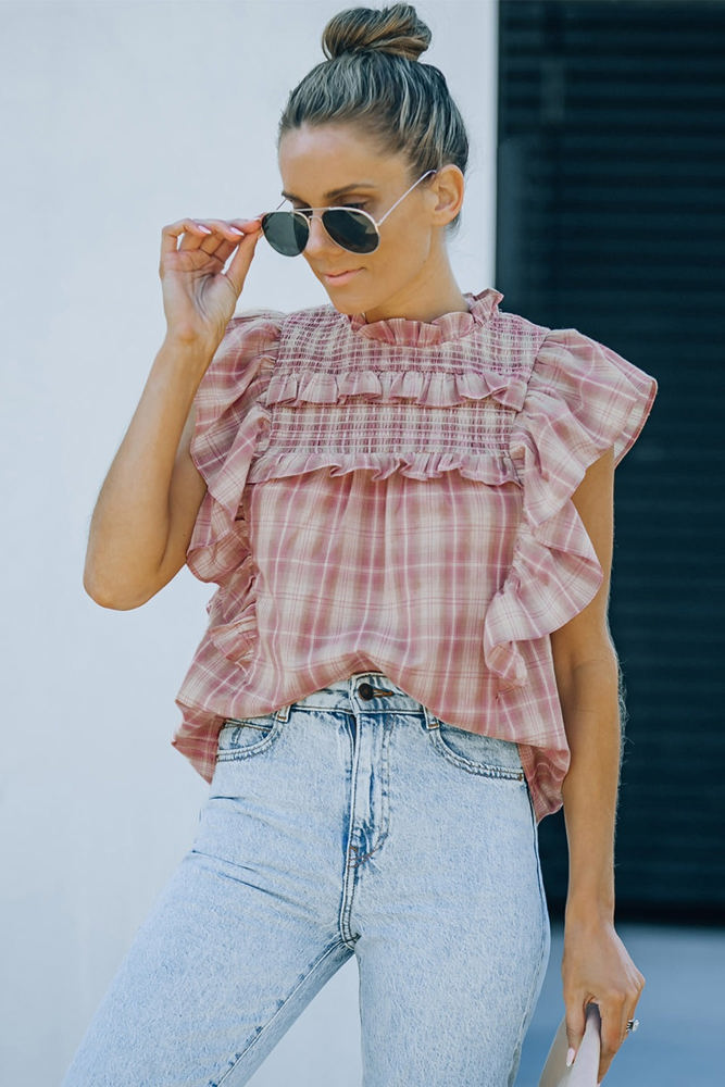 Pink Ruffled Plaid Cotton Top