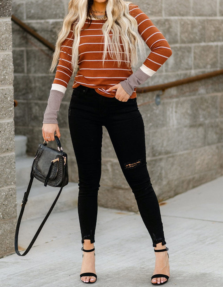 Extended Sleeve Striped Knit Top