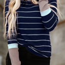 Small Navy Blue Extended Sleeve Striped Knit Top