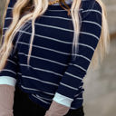 Small Navy Blue Extended Sleeve Striped Knit Top