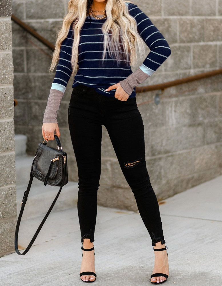 Extended Sleeve Striped Knit Top