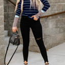 Small Navy Blue Extended Sleeve Striped Knit Top