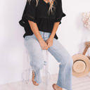 XXL Black Solid Ruffled Gathered Top