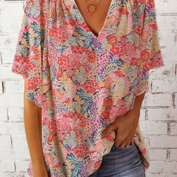 V Neck Draped Floral Top