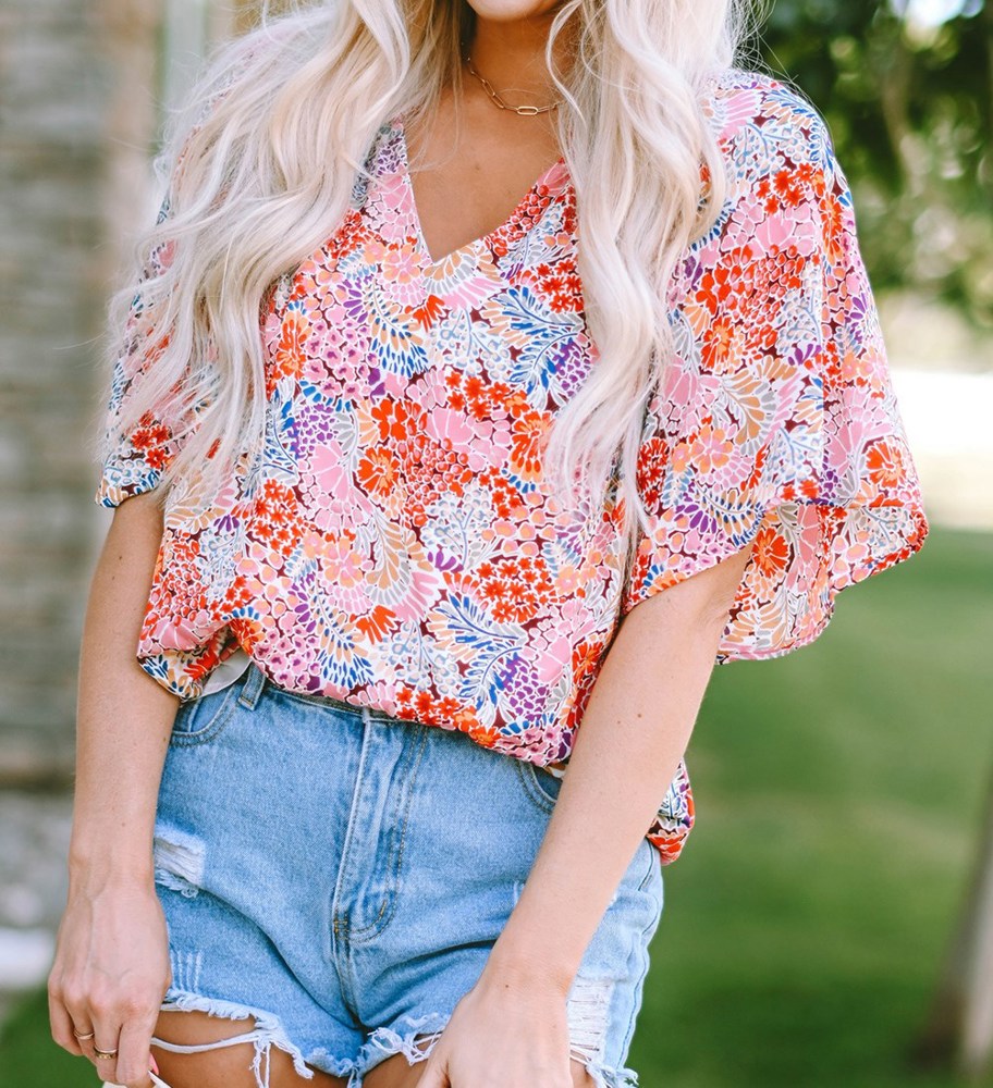 V Neck Draped Floral Top