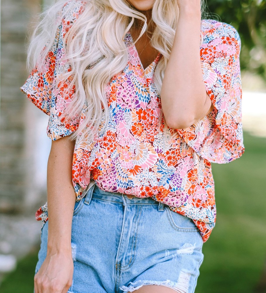 V Neck Draped Floral Top