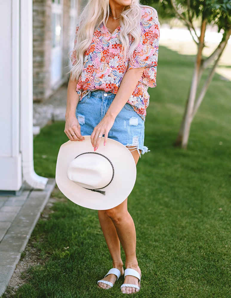 V Neck Draped Floral Top