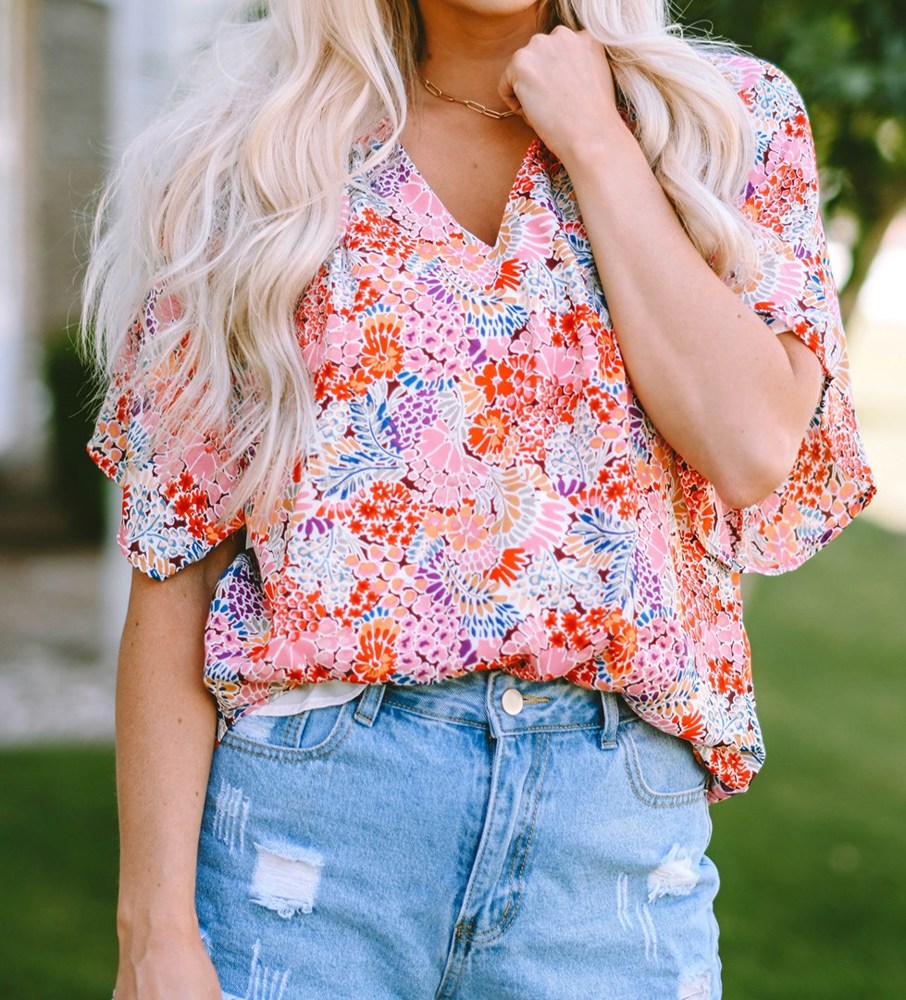 V Neck Draped Floral Top