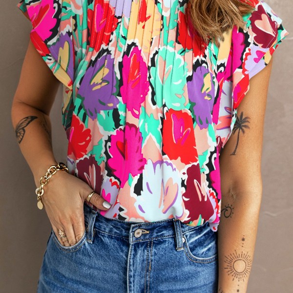 Vivid Floral Pleated Ruffled Top