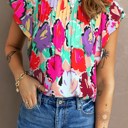  Vivid Floral Pleated Ruffled Top