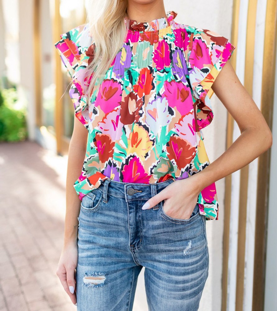 Vivid Floral Pleated Ruffled Top