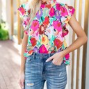  Vivid Floral Pleated Ruffled Top