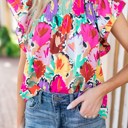  Vivid Floral Pleated Ruffled Top