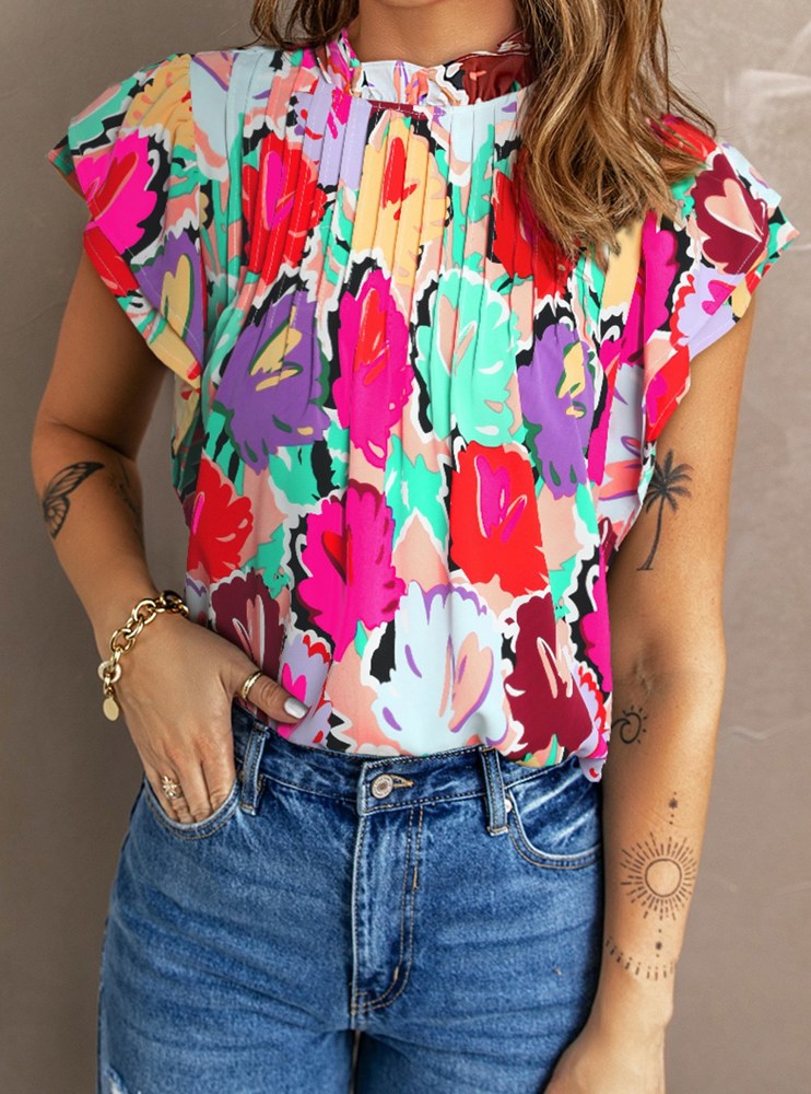 Vivid Floral Pleated Ruffled Top