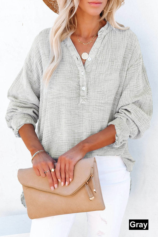 Crinkled Cotton Long Sleeve Top