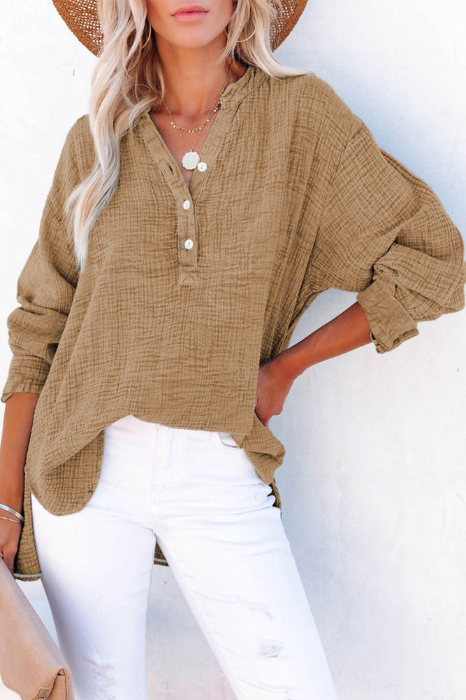 Crinkled Cotton Long Sleeve Top