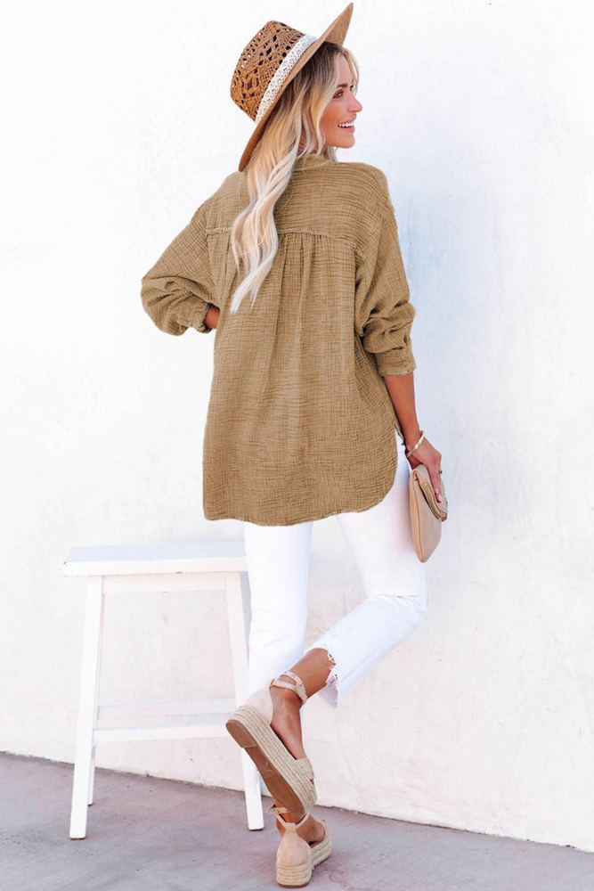 Crinkled Cotton Long Sleeve Top