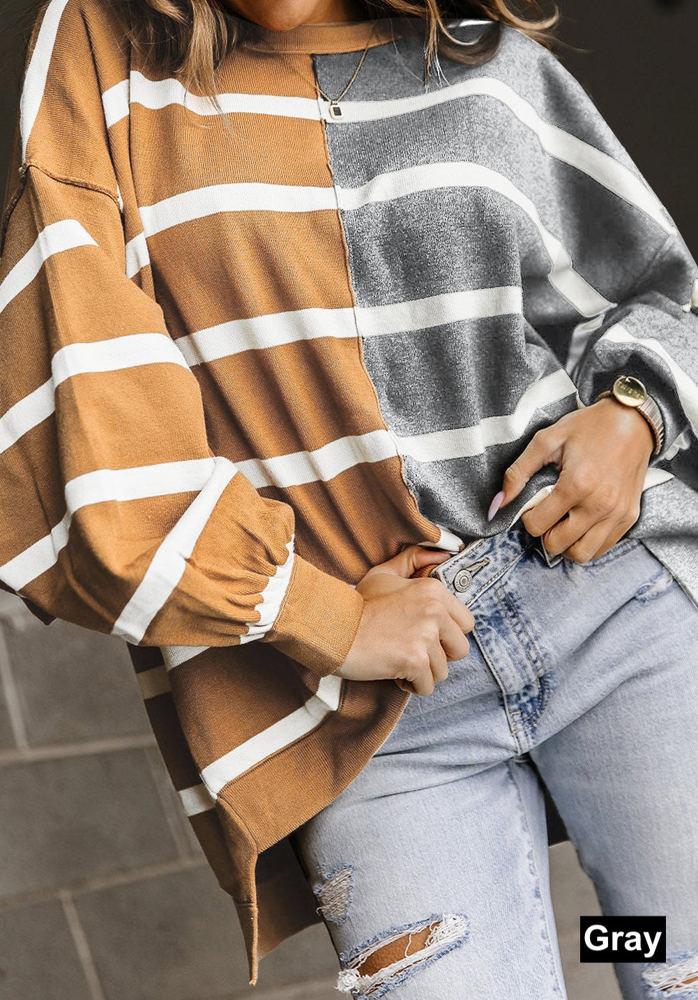 Contrasting Stripe Colorblock Drop Shoulder Pullover