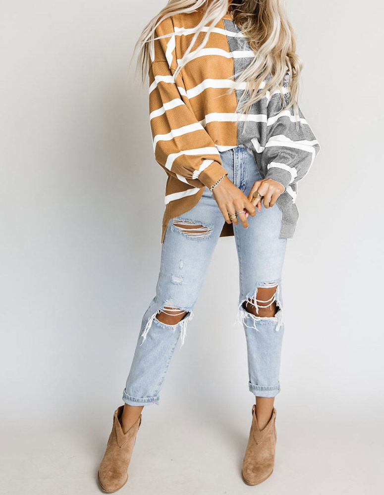 Contrasting Stripe Colorblock Drop Shoulder Pullover