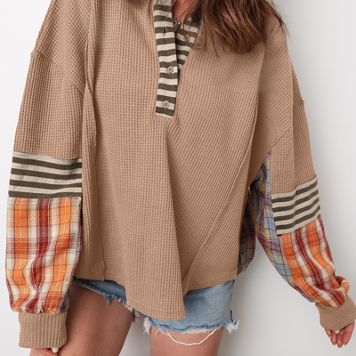 Straw Yellow Waffle Stripe Plaid Patchwork Henley Knit Top
