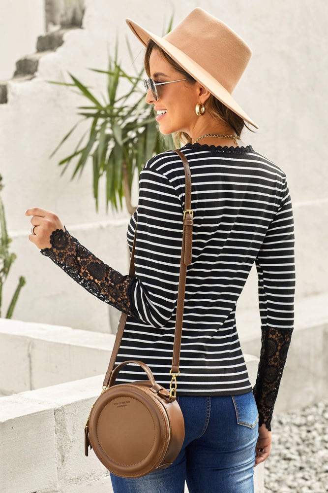 Striped Lace Long Sleeve Top