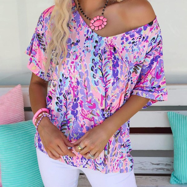 V Neck Short Sleeve Abstract Floral Top