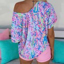 Large Blue V Neck Short Sleeve Abstract Floral Top