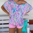 Large Blue V Neck Short Sleeve Abstract Floral Top