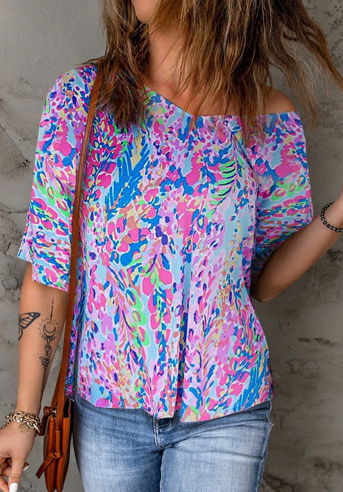 V Neck Short Sleeve Abstract Floral Top