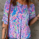 Large Blue V Neck Short Sleeve Abstract Floral Top