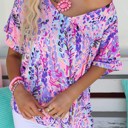 Large Pink V Neck Short Sleeve Abstract Floral Top