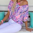 Large Pink V Neck Short Sleeve Abstract Floral Top