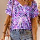 Large Pink V Neck Short Sleeve Abstract Floral Top