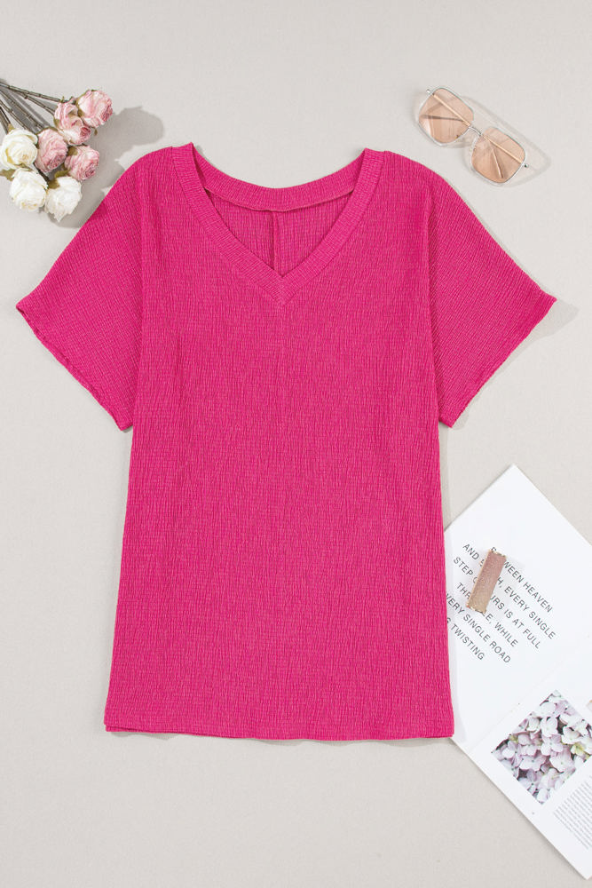 Crinkled Textured Wide Sleeve T Shirt Top