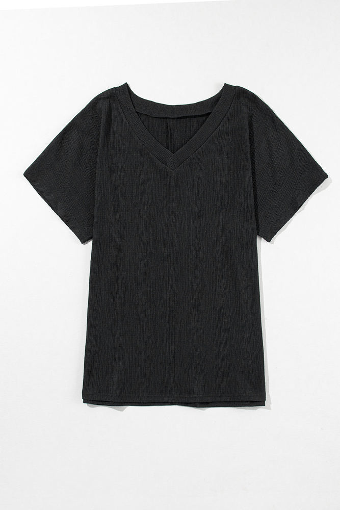 Crinkled Textured Wide Sleeve T Shirt Top