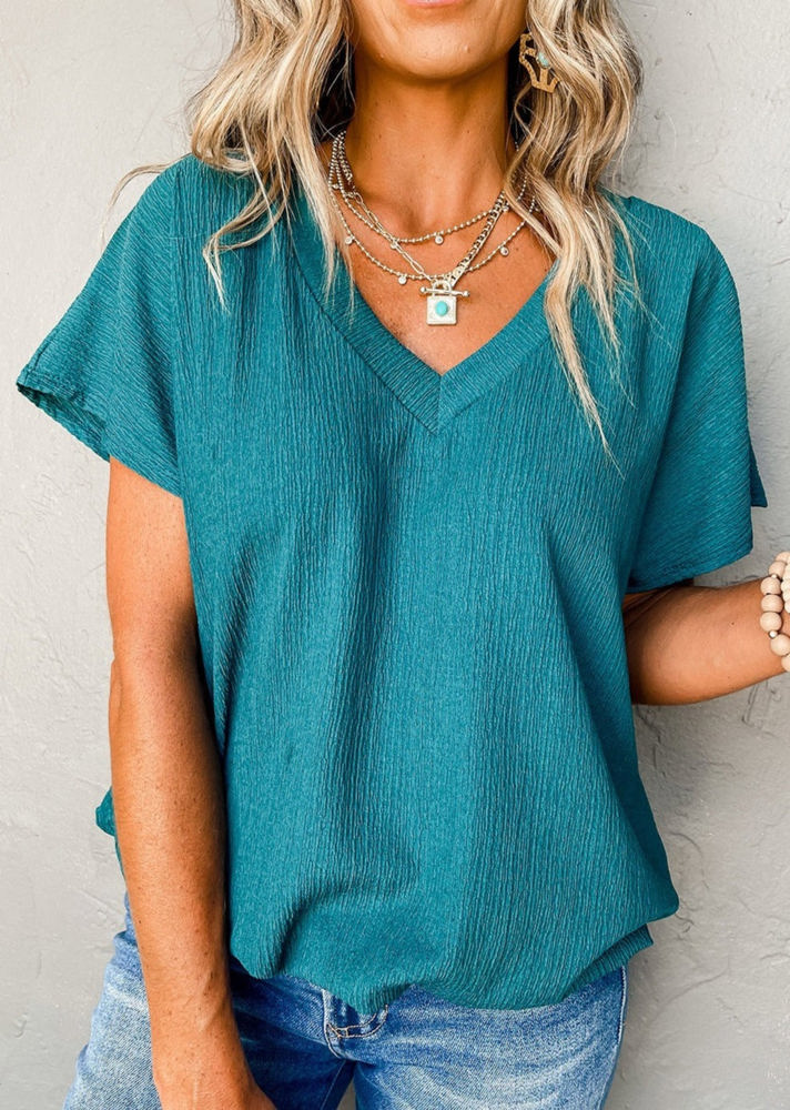 Crinkled Textured Wide Sleeve T Shirt Top