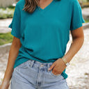 Medium Blue Crinkled Textured Wide Sleeve T Shirt Top