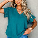 Small Blue Crinkled Textured Wide Sleeve T Shirt Top