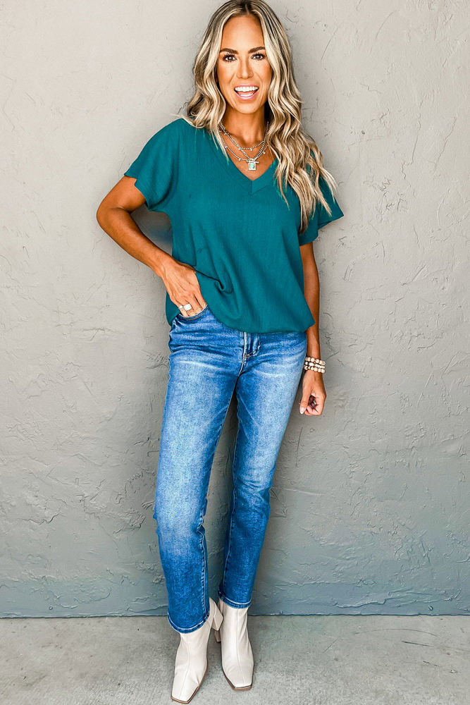 Crinkled Textured Wide Sleeve T Shirt Top