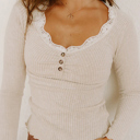  Beige Lace Neckline Button Decor Lettuce Edge Long Sleeve Ribbed Top