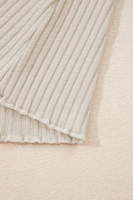 Beige Lace Neckline Button Decor Lettuce Edge Long Sleeve Ribbed Top