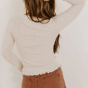  Beige Lace Neckline Button Decor Lettuce Edge Long Sleeve Ribbed Top