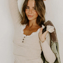  Beige Lace Neckline Button Decor Lettuce Edge Long Sleeve Ribbed Top