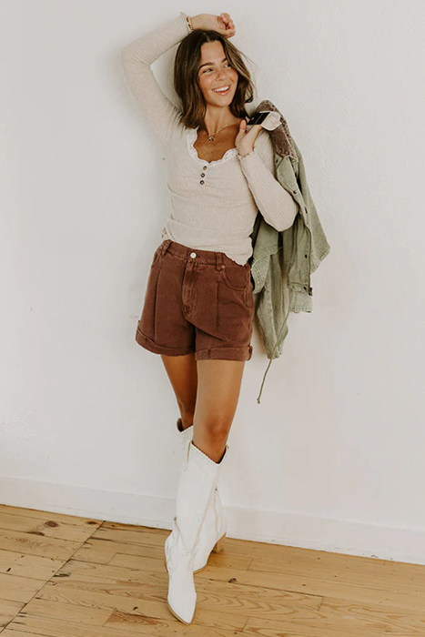 Beige Lace Neckline Button Decor Lettuce Edge Long Sleeve Ribbed Top