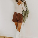  Beige Lace Neckline Button Decor Lettuce Edge Long Sleeve Ribbed Top